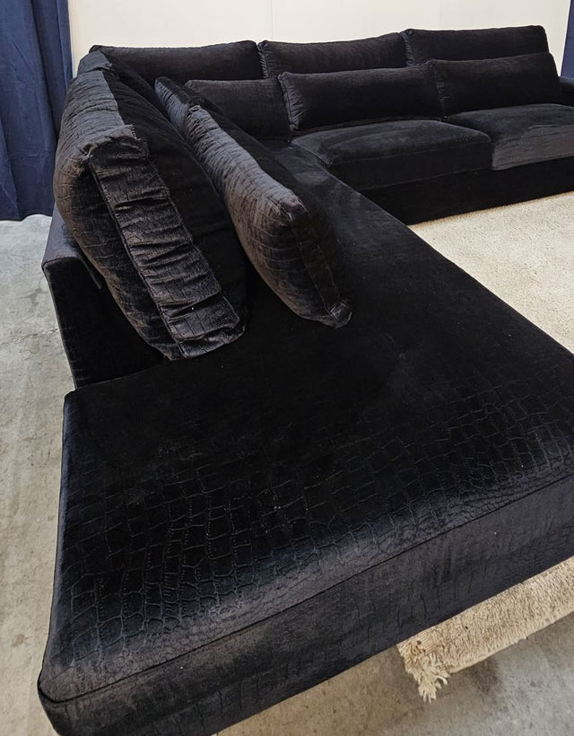Hoekbank Zwart Croco Velvet - Professioneel Gereinigd