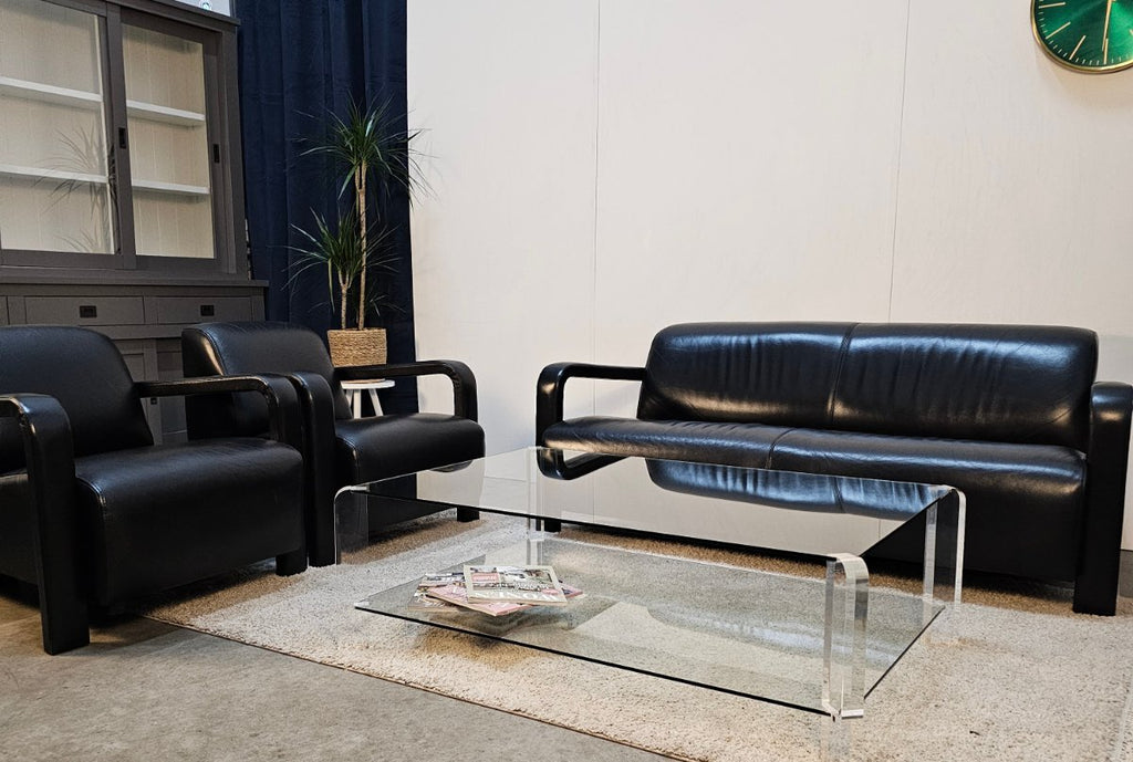 Bank Leolux Antipode 2zits + 2 Fauteuils Set Zwart Leer