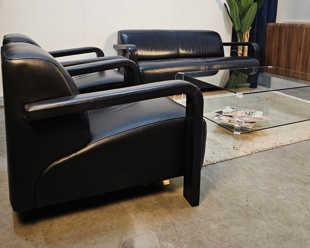 Bank Leolux Antipode 2zits + 2 Fauteuils Set Zwart Leer