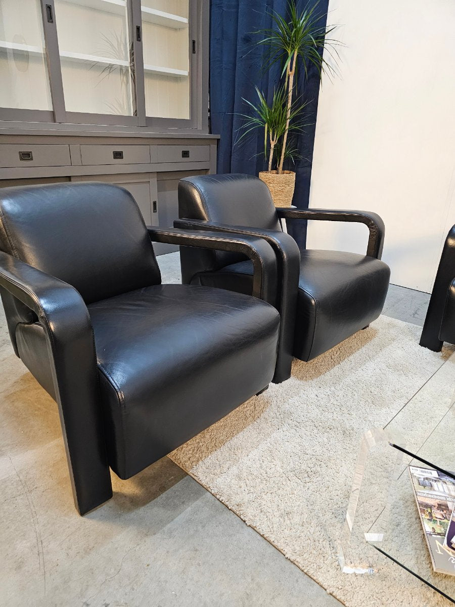 Bank Leolux Antipode 2zits + 2 Fauteuils Set Zwart Leer